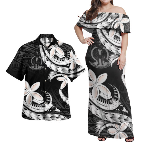 Vanuatu Combo Off Shoulder Long Dress And Shirt Polynesian Patterns Plumeria Flowers Special Style