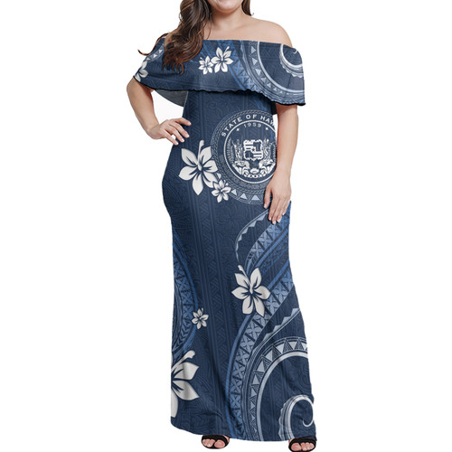 Hawaii Off Shoulder Long Dress White Hibicus Blue Pattern