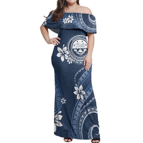 Federated States Of Micronesia Off Shoulder Long Dress White Hibicus Blue Pattern