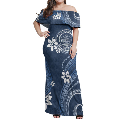 Palau Off Shoulder Long Dress White Hibicus Blue Pattern