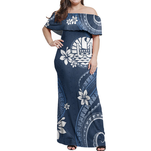 Tahiti Off Shoulder Long Dress White Hibicus Blue Pattern