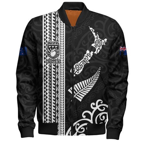 New Zealand Bomber Jacket Custom NZ Rugby Silver Fern And Map Maori Tribal Black Jersey