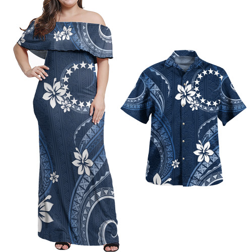 Cook Islands Combo Off Shoulder Long Dress And Shirt White Hibicus Blue Pattern