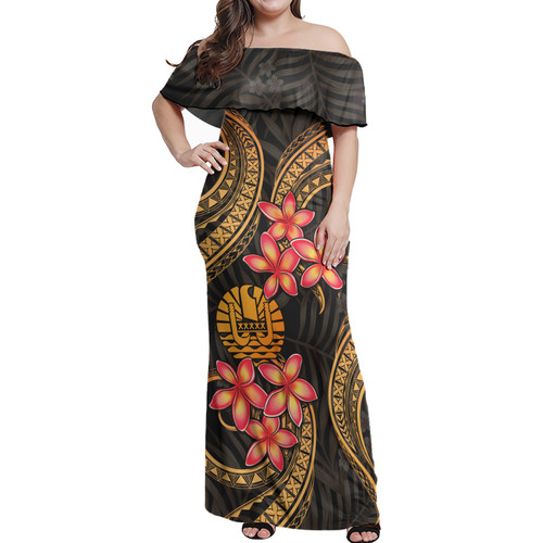 Tahiti Woman Off Shoulder Long Dress Polynesian Gold Plumeria1