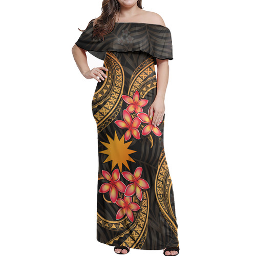 Nauru Woman Off Shoulder Long Dress Polynesian Gold Plumeria1