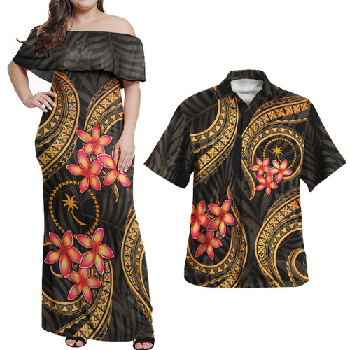 Chuuk Polynesian Pattern Combo Dress And Shirt Gold Plumeria