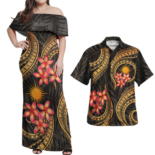 Marshall Islands Polynesian Pattern Combo Dress And Shirt Gold Plumeria
