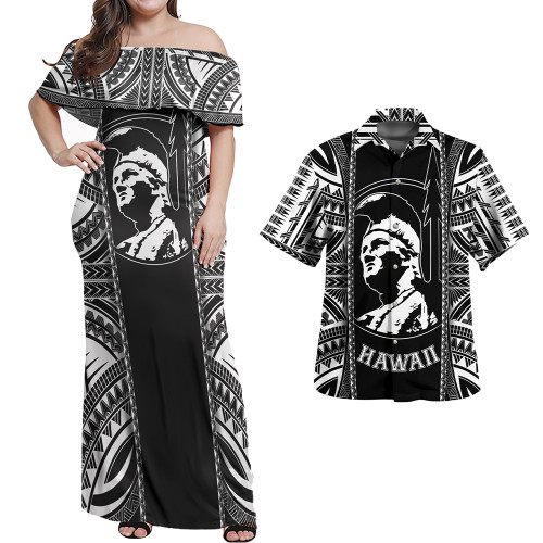 Hawaii Combo Off Shoulder Long Dress And Shirt King Kamekameha Black and White Polynesian
