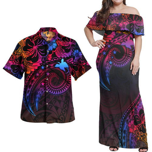 Papua New Guinea Combo Off Shoulder Long Dress And Shirt Rainbow Style