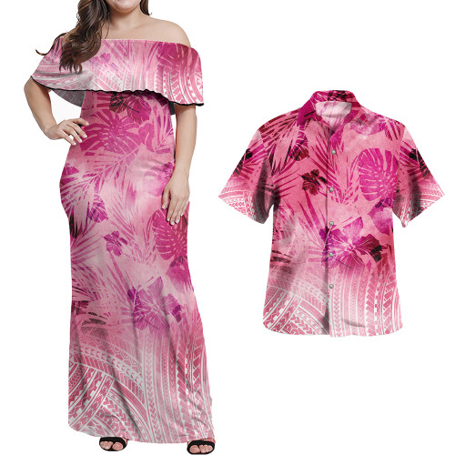 Hawaii Combo Off Shoulder Long Dress And Shirt Pink Hibiscus White Polynesian Pattern