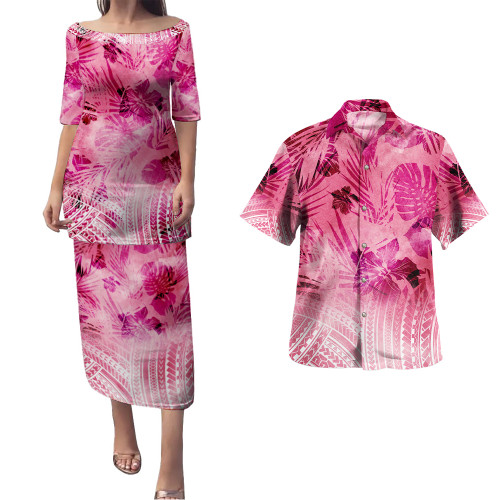 Hawaii Combo Puletasi And Shirt Pink Hibiscus White Polynesian Pattern