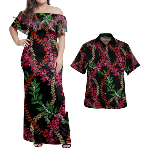Hawaii Combo Off Shoulder Long Dress And Shirt Fabric Lei