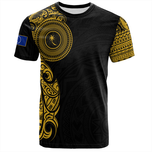 Chuuk State T-Shirt Custom Polynesian Half Sleeve Gold Tattoo With Seal Black