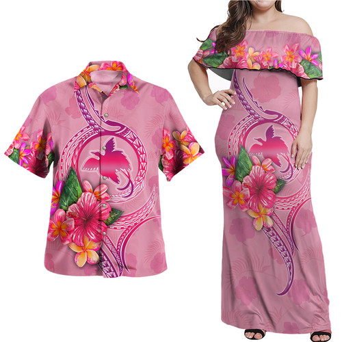 Papua New Guinea Combo Off Shoulder Long Dress And Shirt Floral With Seal Pink