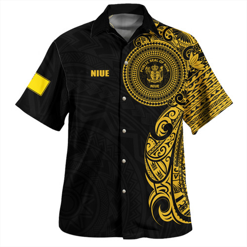 Niue Hawaiian Shirt Custom Polynesian Half Sleeve Gold Tattoo With Seal Black