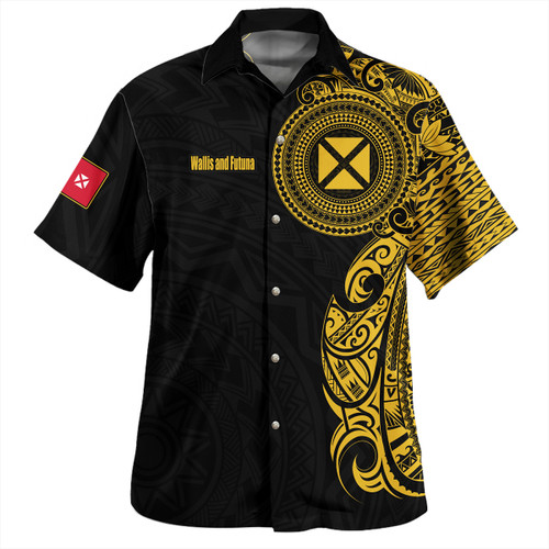 Wallis And Futuna Hawaiian Shirt Custom Polynesian Half Sleeve Gold Tattoo With Seal Black