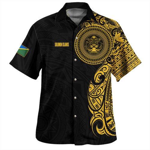 Solomon Islands Hawaiian Shirt Custom Polynesian Half Sleeve Gold Tattoo With Seal Black