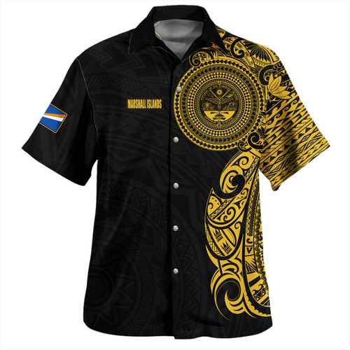 Marshall Islands Hawaiian Shirt Custom Polynesian Half Sleeve Gold Tattoo With Seal Black