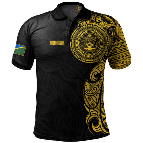 Solomon Islands Polo Shirt Custom Polynesian Half Sleeve Gold Tattoo With Seal Black