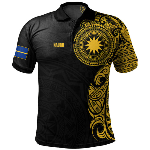 Nauru Polo Shirt Custom Polynesian Half Sleeve Gold Tattoo With Seal Black