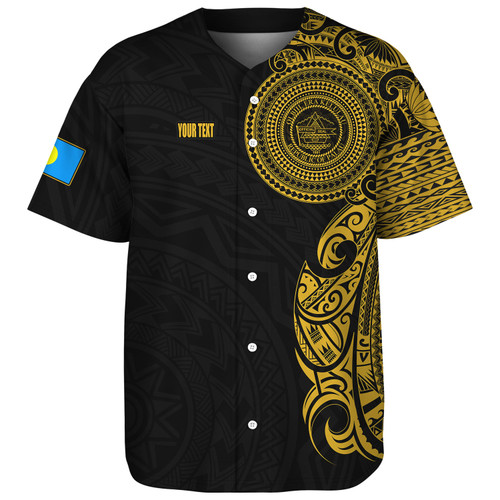 Palau Baseball Shirt Custom Polynesian Half Sleeve Gold Tattoo With Seal Black