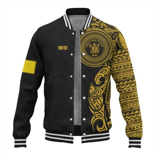 Niue Baseball Jacket Custom Polynesian Half Sleeve Gold Tattoo With Seal Black