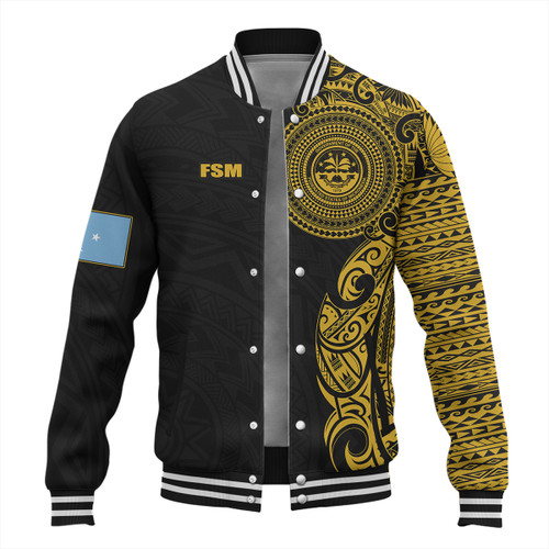 Federated States Of Micronesia Baseball Jacket Custom Polynesian Half Sleeve Gold Tattoo With Seal Black