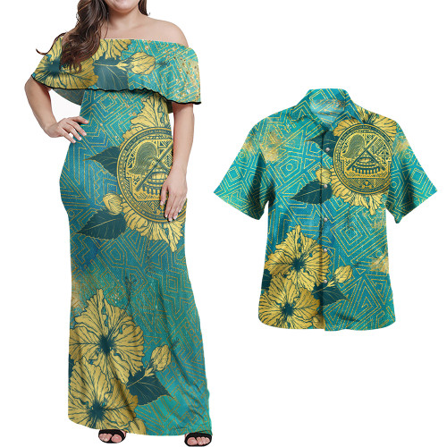 American Samoa Combo Off Shoulder Long Dress And Shirt Golden Hibiscus Turquoise Color Tribal Pattern