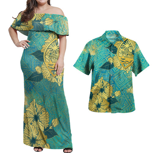 Guam Combo Off Shoulder Long Dress And Shirt Golden Hibiscus Turquoise Color Tribal Pattern