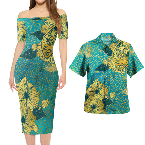 Guam Combo Short Sleeve Dress And Shirt Golden Hibiscus Turquoise Color Tribal Pattern