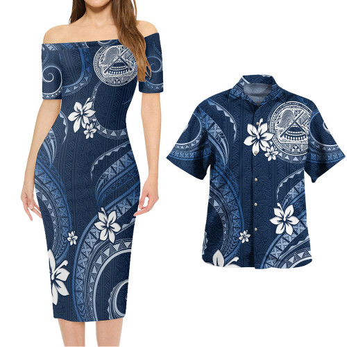 American Samoa Combo Short Sleeve Dress And Shirt White Hibicus Blue Tribal Pattern