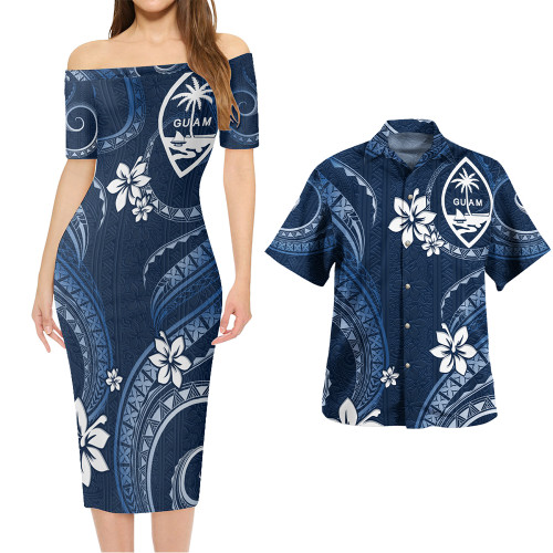 Guam Combo Short Sleeve Dress And Shirt White Hibicus Blue Tribal Pattern
