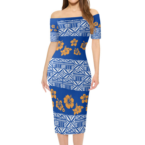 Samoa Short Sleeve Off The Shoulder Lady Dress Tapa Flower Fabric Print