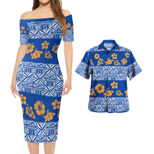 Samoa Combo Short Sleeve Dress And Shirt Tapa Flower Fabric Print
