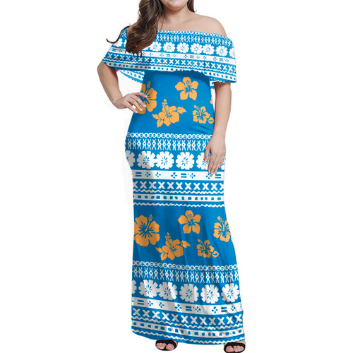 Fiji Off Shoulder Long Dress Tapa Flower Fabric Print