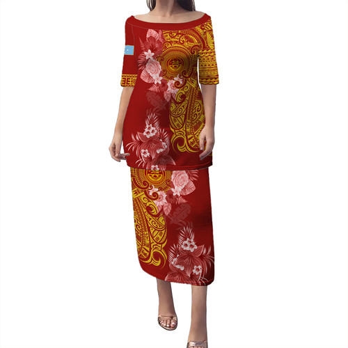 Federated States Of Micronesia Puletasi Polynesian Tropical Plumeria Tribal Red