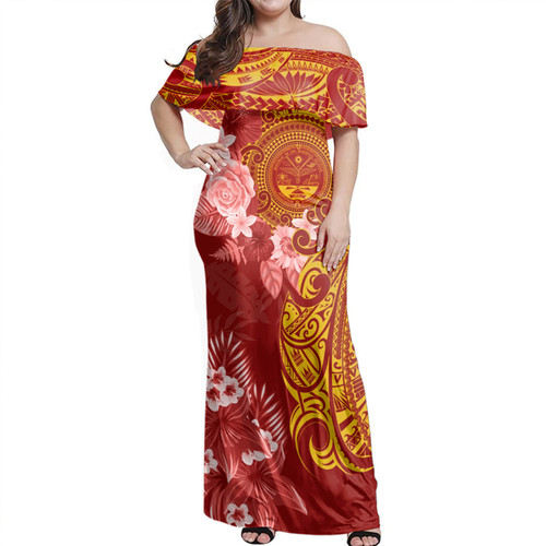 Marshall Islands Off Shoulder Long Dress Polynesian Tropical Plumeria Tribal Red