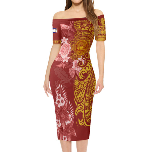 American Samoa Short Sleeve Off The Shoulder Lady Dress Polynesian Tropical Plumeria Tribal Red
