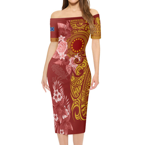 Cook Islands Short Sleeve Off The Shoulder Lady Dress Polynesian Tropical Plumeria Tribal Red