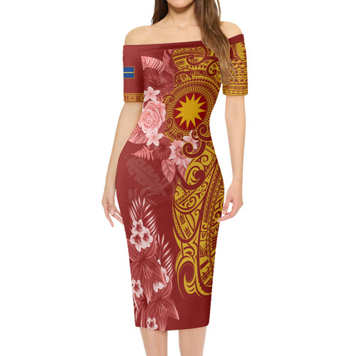 Nauru Short Sleeve Off The Shoulder Lady Dress Polynesian Tropical Plumeria Tribal Red