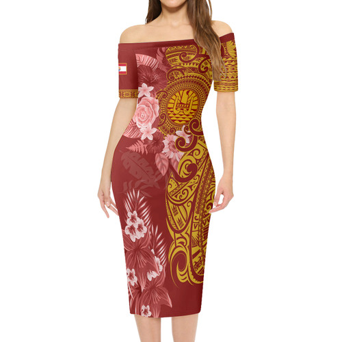 French Polynesia Short Sleeve Off The Shoulder Lady Dress Polynesian Tropical Plumeria Tribal Red