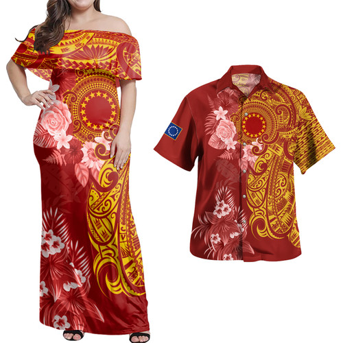 Cook Islands Combo Off Shoulder Long Dress And Shirt Polynesian Tropical Plumeria Tribal Red