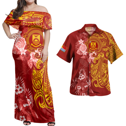 Kiribati Combo Off Shoulder Long Dress And Shirt Polynesian Tropical Plumeria Tribal Red