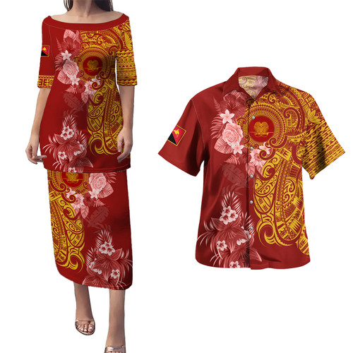 Papua New Guinea Combo Puletasi And Shirt Polynesian Tropical Plumeria Tribal Red