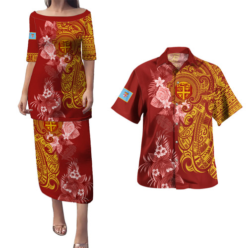 Fiji Combo Puletasi And Shirt Polynesian Tropical Plumeria Tribal Red