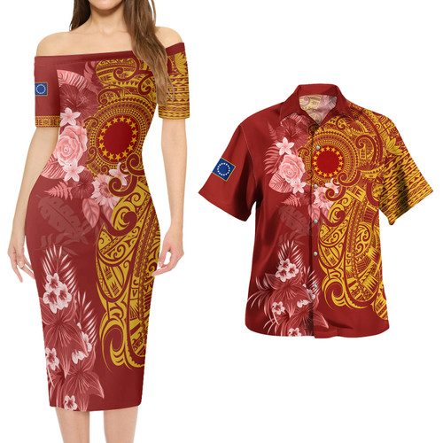 Cook Islands Combo Short Sleeve Dress And Shirt Polynesian Tropical Plumeria Tribal Red
