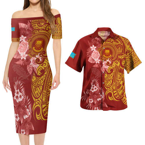 Tuvalu Combo Short Sleeve Dress And Shirt Polynesian Tropical Plumeria Tribal Red