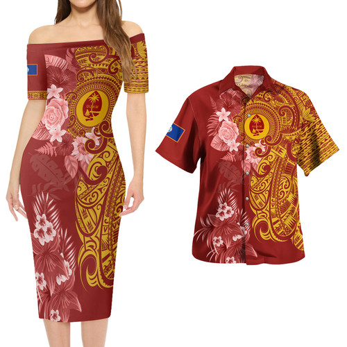 Guam Combo Short Sleeve Dress And Shirt Polynesian Tropical Plumeria Tribal Red