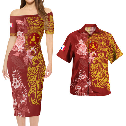 Austral Islands Combo Short Sleeve Dress And Shirt Polynesian Tropical Plumeria Tribal Red