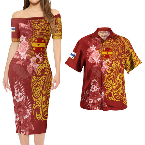 Gambier Islands Combo Short Sleeve Dress And Shirt Polynesian Tropical Plumeria Tribal Red